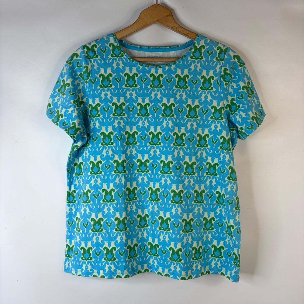 Talbots T-Shirt Women 1XP Blue Green Ikat Damask Print Short Sleeve Crew Neck